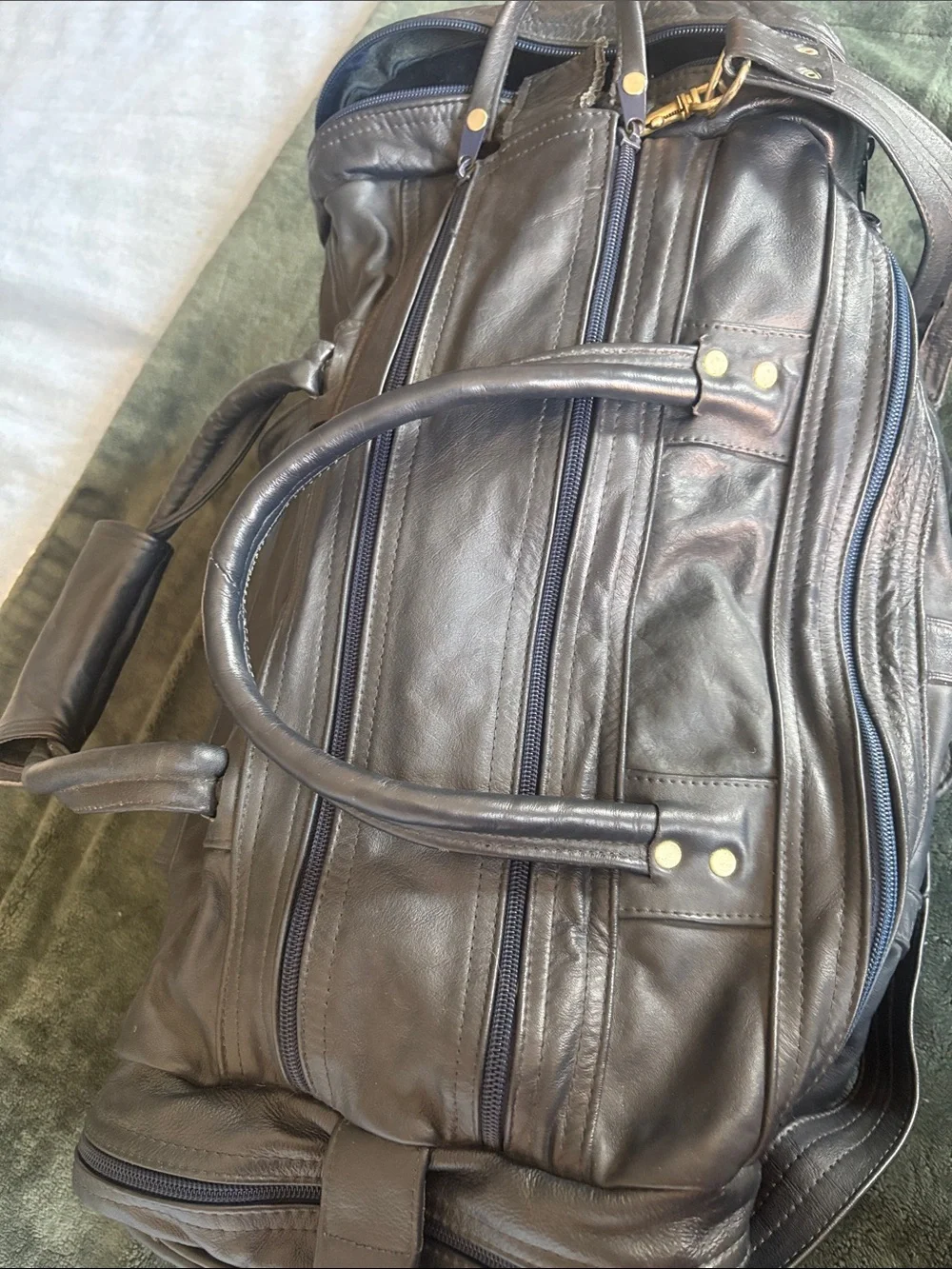 Classic Black Leather Duffel with Adjustable Shoulder Strap